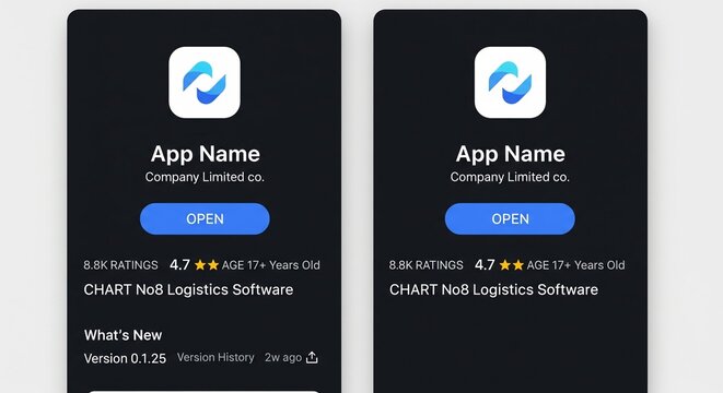 Two identical mobile application store interface mockups displayed side by side featuring a sleek dark mode user interface design
