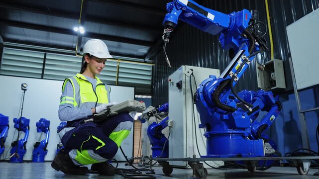 Industrial worker monitoring robotic systems in a modern manufacturing environment with advanced technology