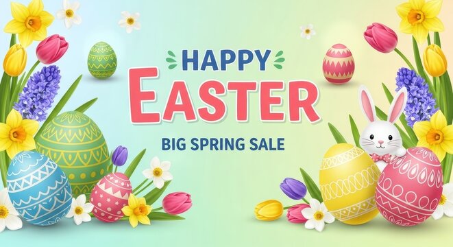 Colorful Easter Eggs and Flowers Spring Sale Banner.