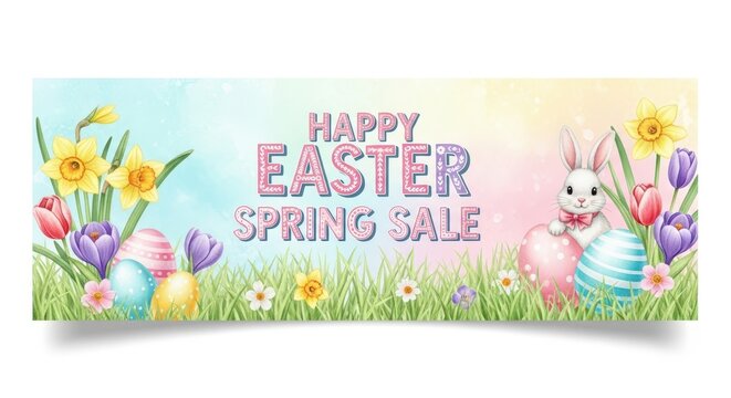 Colorful Easter Spring Sale Banner with Bunny and Flowers.