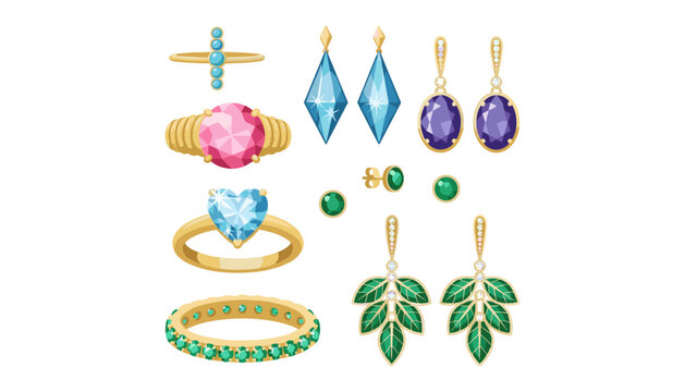 Gold jewelry collection with diamond rings luxury crystal earrings emerald studs and sapphire fashion accessories vector illustration,