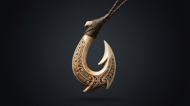 Polynesian hei matau fish hook pendant crafted from bone with intricate carved traditional tribal patterns on dark grey background.