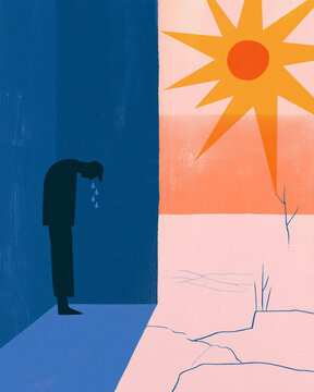 Silhouette Sheltering in Shade from Extreme Heat, Soft Painterly Illustration of Climate Anxiety 灼熱の日差しを避け日陰に立つ人のシルエット &mdash; 異常高温と気候不安