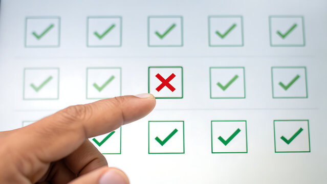 Hand selecting correct answer on multiple choice test with green checkmarks and red X