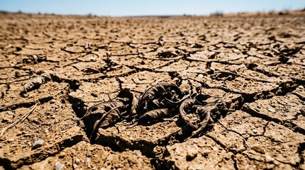 Obraz premium Dried, cracked earth with fallen leaves under a bright sky.