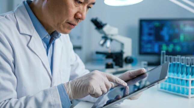 Asian scientist in lab coat using tablet computer with microscope and test tubes in background.