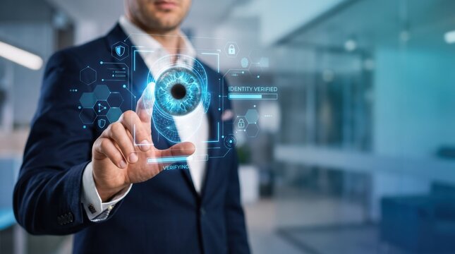 Businessman touching futuristic hologram interface with eye scan, biometric identity verification, digital security technology for cyber protection and authentication systems