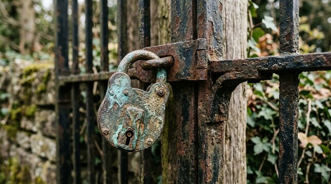 A weathered padlock hangs on a rusty metal gate in a natural setting.