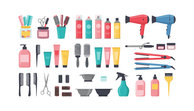 Hair salon tools vector icons collection with hairdryer hair straightener scissors combs spray bottle and professional styling product bottles,