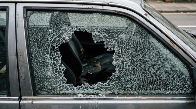 Close up view of a shattered car window showing the damage caused by a break in or accident