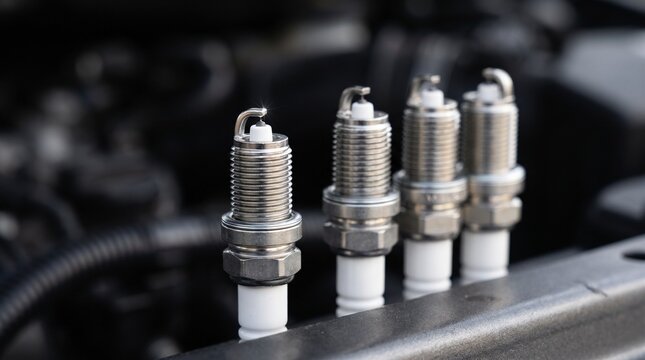 Close-up of four new spark plugs for a car engine, highlighting the first plug's tip. Essential components for engine ignition and performance.