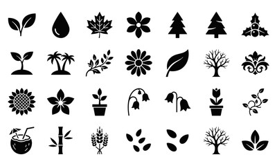 Obraz premium Large collection of black nature and plant icon set silhouettes with silhouette collection botanical environmental isolated agriculture tropical ornament decoration environment