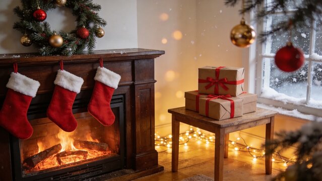 Cozy Christmas Hearth: A warm fireplace crackles merrily, adorned with festive stockings, while wrapped gifts sit on a rustic table beneath a snow-kissed window, creating a perfect holiday scene.