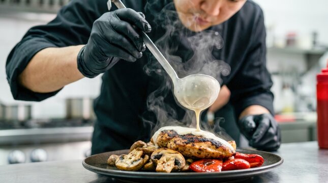 Chef plating a gourmet chicken dish with mushrooms and sauce in a professional kitchen.