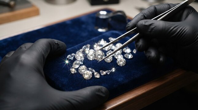 Professional Gemologist Examining Loose Diamonds with Tweezers