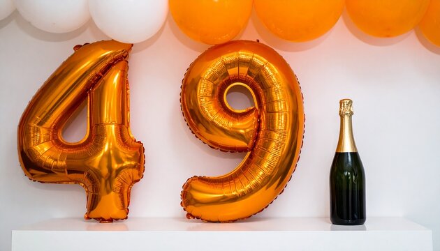 Number 49 Balloon with Champagne Bottle. Orange and White Theme for Birthday or Anniversary Celebration