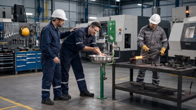 Factory Worker Treating Hand Injury at Emergency Wash Station