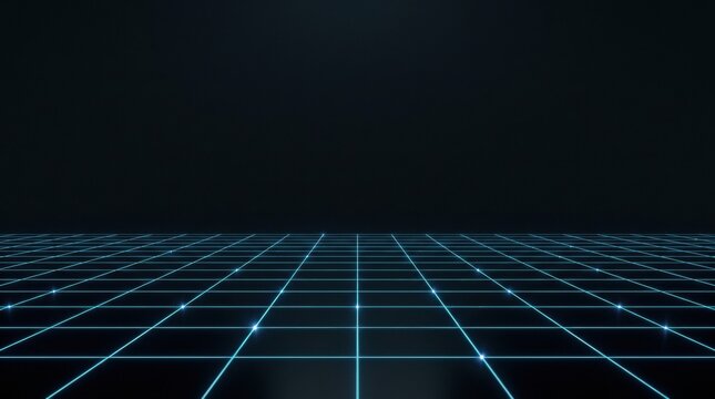 Futuristic neon blue digital grid network on black background for tech innovation