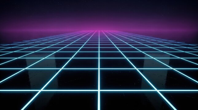 Futuristic neon grid floor with glowing blue lines in dark sci-fi corridor