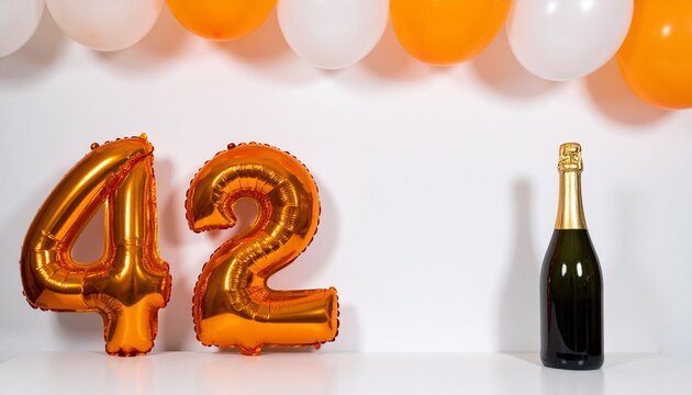 Number 42 Balloon with Champagne Bottle. Orange and White Theme for Birthday or Anniversary Celebration