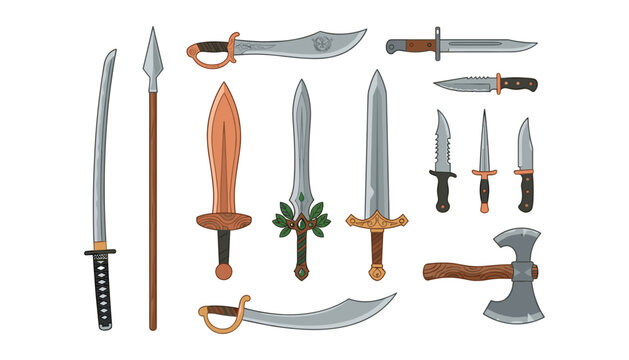 Medieval weapons vector set with swords katana spear battle axe scimitar and tactical daggers isolated on white background,