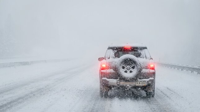 A rear view of a vehicle driving slowly on a snow covered road during a heavy winter blizzard storm