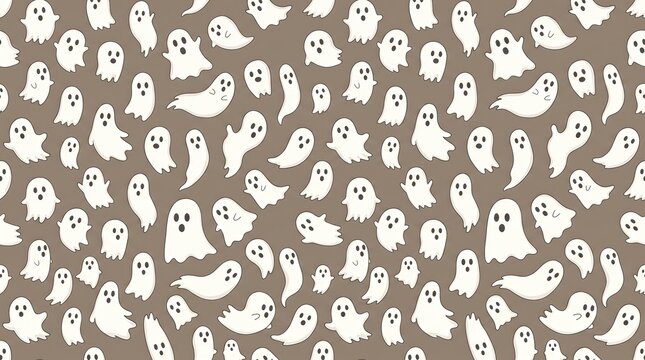 Seamless pattern with cute little white ghosts on a dark grey background for halloween textile and wrapping paper design