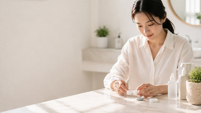 Woman Organizing Skincare Products in a Bright Bathroom