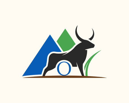 Bull logo design template, vector illustration of a powerful bull standing in front of mountains