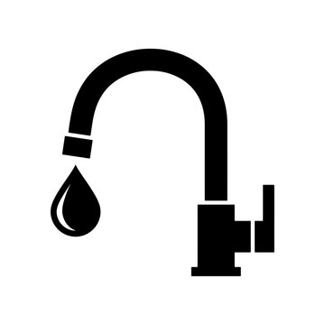 Simple black icon illustration showing a modern kitchen bathroom faucet with a single water drop design element