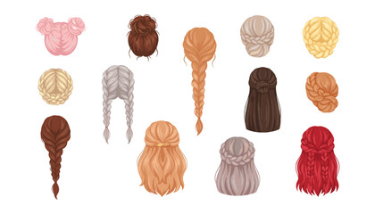 PrintSet of vector illustrations featuring women hairstyles with braids buns and diverse hair colors back view look