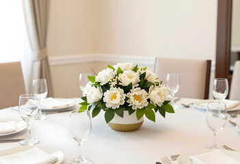 Fototapeta premium Elegant white floral centerpiece on a dining table set with wine glasses and plates for a special event, this formal table setting is prepared for a special event, wedding reception
