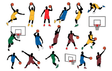 Collection of colorful basketball player silhouettes in various action poses and basketball hoops on a plain white background, for sports © Md