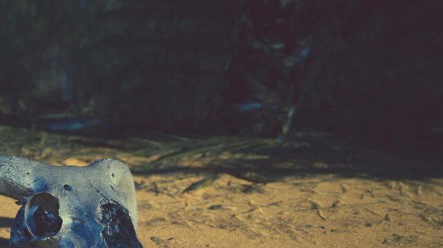 A dry skull rests on sandy ground. The surrounding area shows hints of green from the forest nearby. Sunlight shines down, creating shadows around the skull.