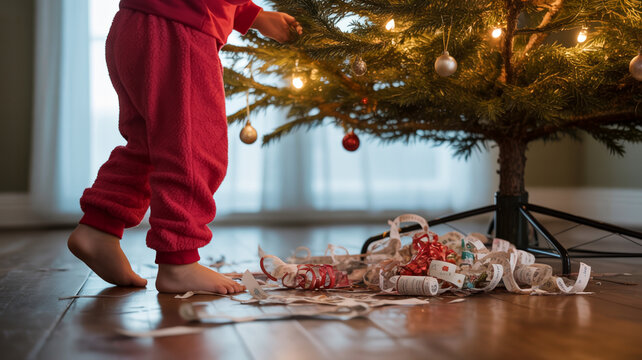 Photorealistic Christmas Morning Under The Tree With Torn Wrapping Paper And A Child?s Feet In Pajamas.