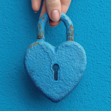 A heart-shaped blue lock is held with a pale hand against a bright blue surface