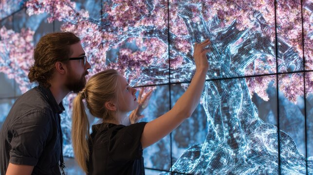 Two people examining a large screen displaying a stylized tree image, rendered with blue lines