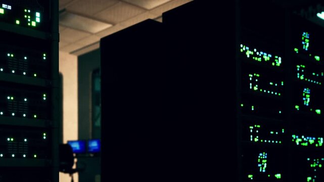Servers are arranged in rows inside a data center. The lights on the servers blink in various colors. A workstation is visible in the background. The scene takes place at night.