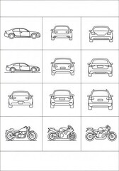 Obraz premium Collection of Minimalist Car and Motorcycle Line Art Icons for Automotive Design and Transport Concepts