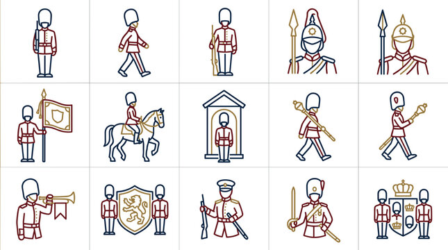 Set of royal guard line icons in red, blue, and gold featuring soldier uniforms, guardsman parades
