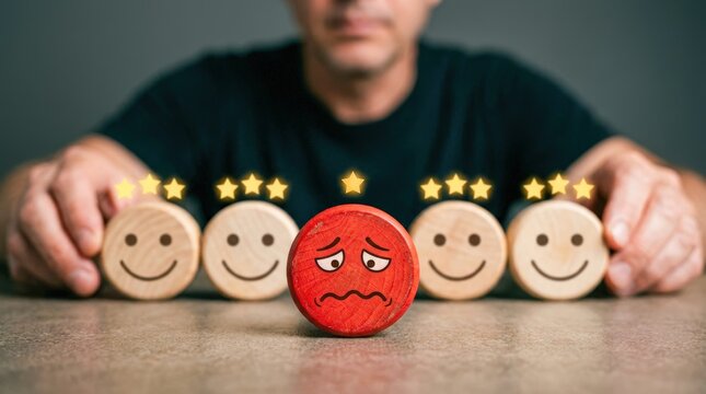 Customer satisfaction survey with one unhappy face among happy faces.