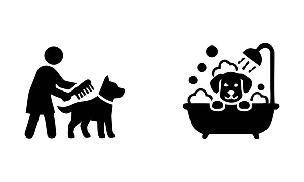 Dog grooming and bathing icon set featuring person brushing dog and puppy in bathtub, grooming