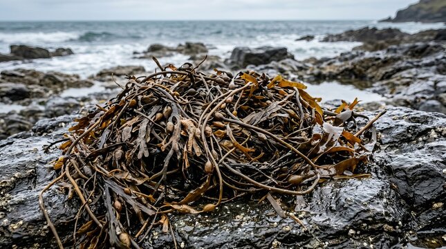 Driftwood and sea debris piled on wet rocks at low tide.