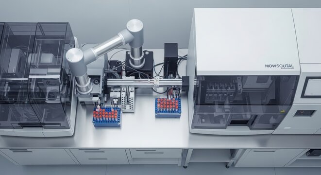 Robotic arm and automated analyzer in a modern biotechnology laboratory for advanced research and sample processing