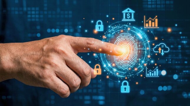 Digital fingerprint scan for secure access to financial data and cloud services.