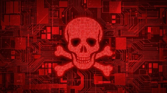 Digital Skull and Crossbones Symbol on Red Circuit Board Background 1.