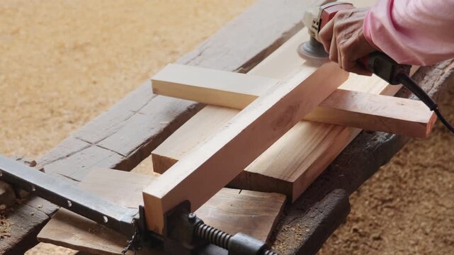 Carpenter's hands using an electric orbital sander to smooth a wooden plank in a woodworking workshop, part of the furniture making and finishing process.	