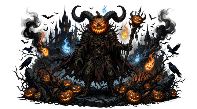 Pumpkin monster with horns, staff, and castle for halloween celebration designs.