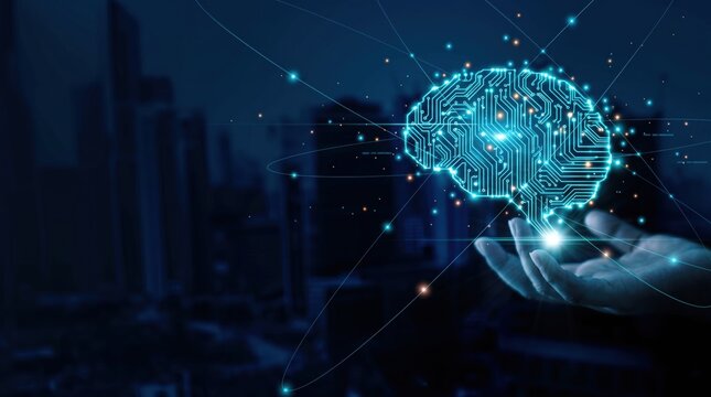 Artificial intelligence brain made of glowing circuit lines held in human hand against night city skyline, neural network and machine learning, future technology and cognitive