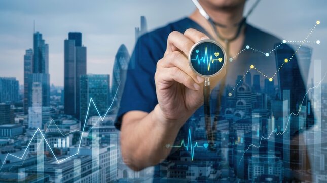 Doctor holding stethoscope with heart rhythm overlaying city skyline.